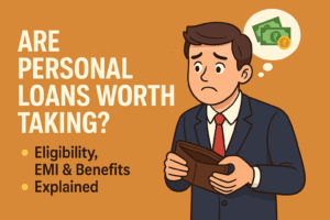 Worried businessman holding an empty wallet with a thought bubble of money, alongside the question "Are Personal Loans Worth Taking?" on an orange background.