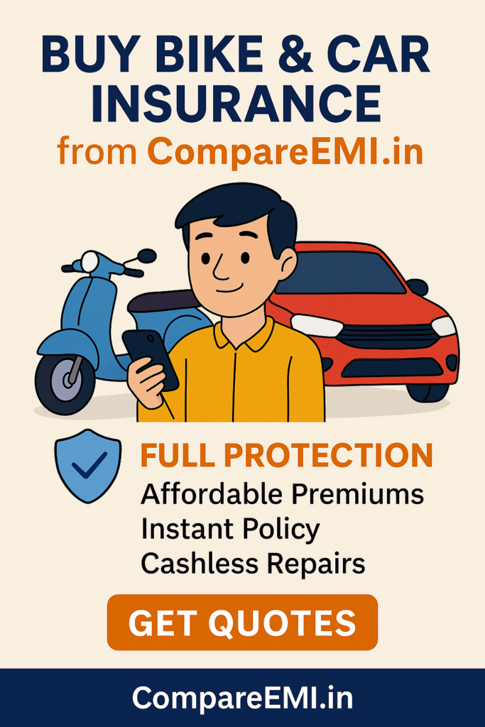 Get affordable bike and car insurance in India from CompareEMI.in with full protection in 2025