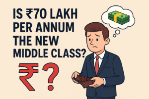 A cartoon-style businessman in a suit holds an empty wallet with a worried expression, thinking about money, alongside the bold text "Is ₹70 Lakh Per Annum the New Middle Class?"