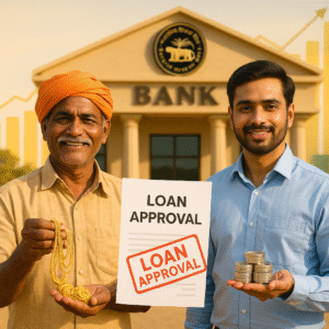 Indian farmer and small business owner holding gold and silver as collateral in front of an RBI-regulated bank, symbolizing approved MSME and Agri loans under new RBI circular.